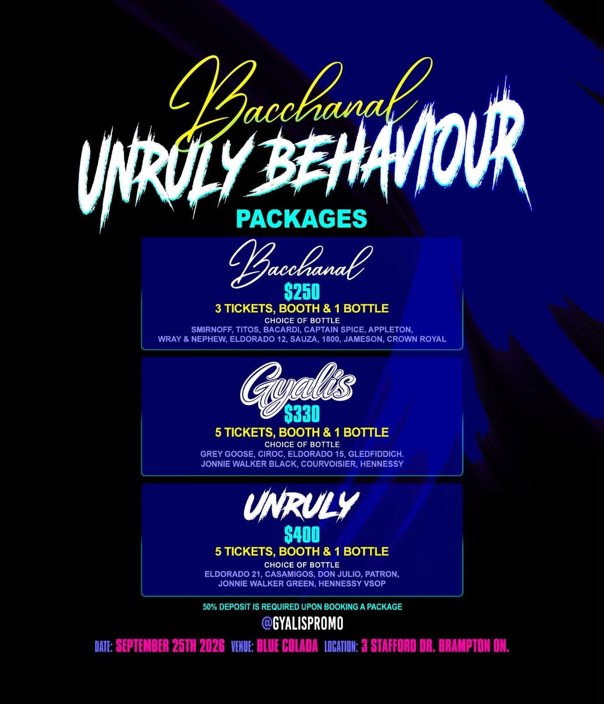 Bacchanal Unruly Behaviour packages — Bacchanal $250, Gyalis $330, Unruly $400