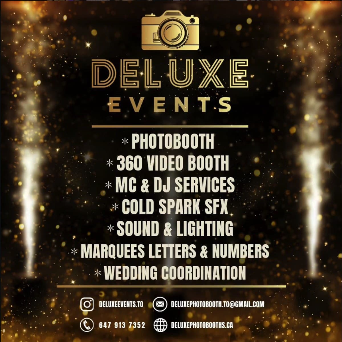 Deluxe Events flyer — photobooth, 360 booth, MC & DJ, cold spark, lighting, marquee letters, wedding coordination