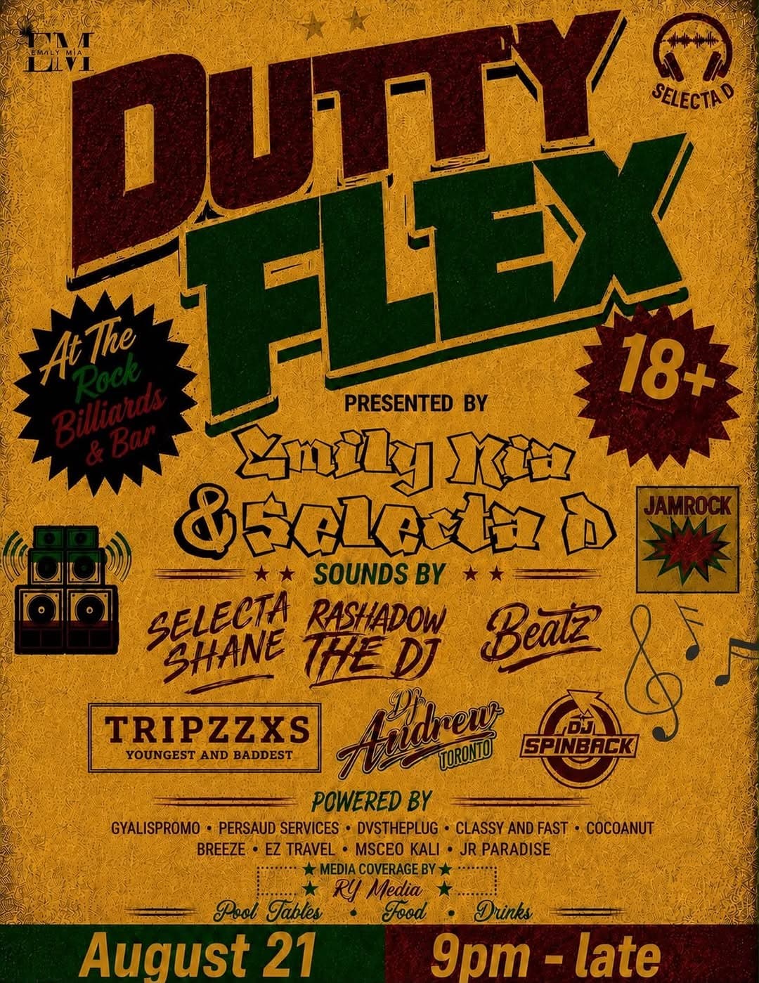 Dutty Flex flyer — August 21 at The Rack Billiards and Bar, Mississauga